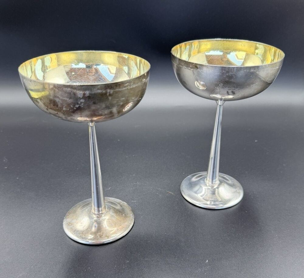 Vintage Italian Silverplate Champagne Coupes Gold Wash Interior Pair 7”